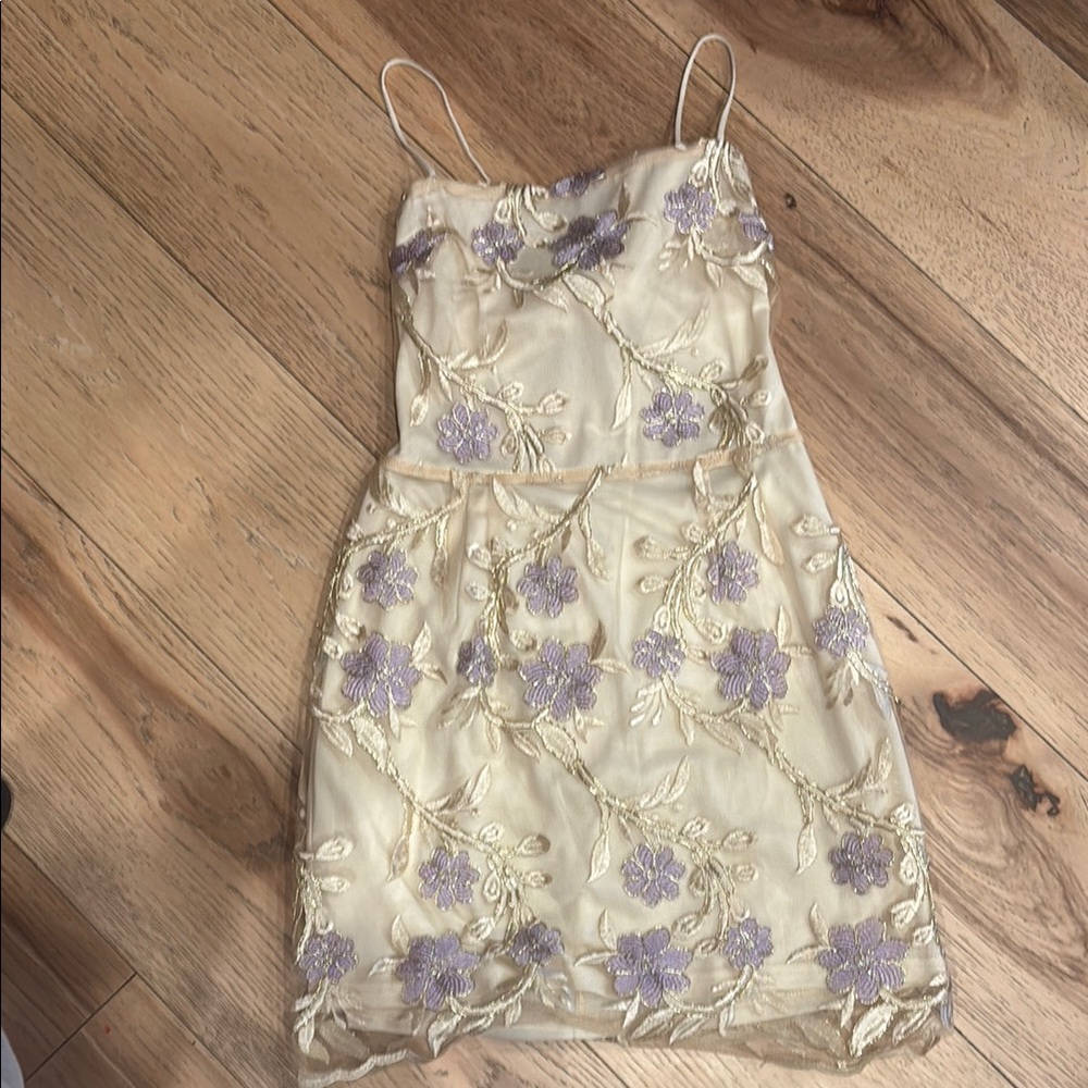 Elegant Cream and Purple Floral Dress